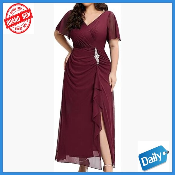 Dresses & Skirts - Plus Size V-Neck Chiffon Maxi Dress with Rhinestones Slit Formal